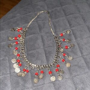 Silver and Red Coin Necklace